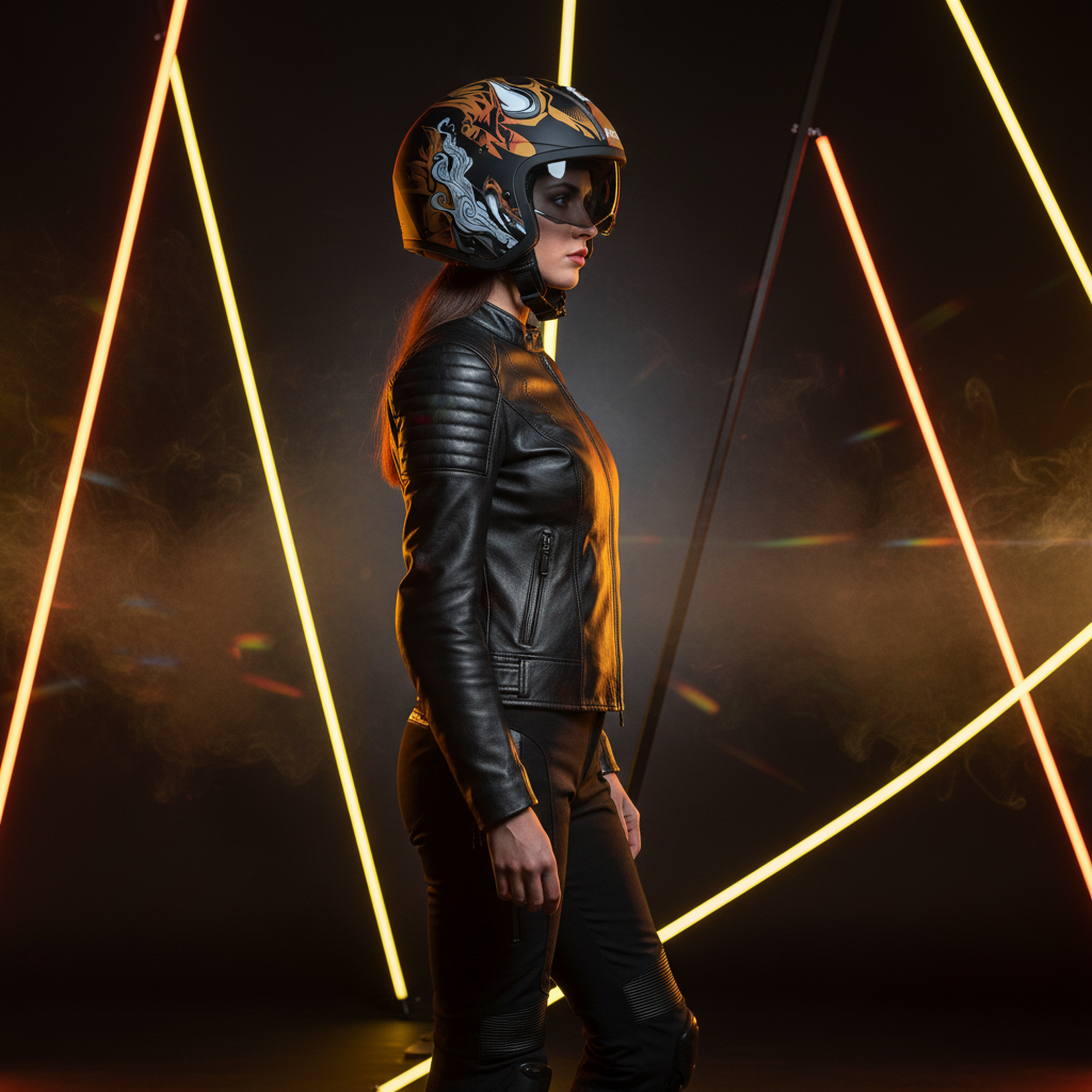 Motociclista fra fasci di luce dorati con casco Airoh J110 ONI nero opaco