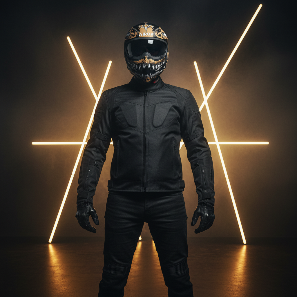 Uomo in tenuta scura fra barre ambrate con casco Airoh J110 ONI nero