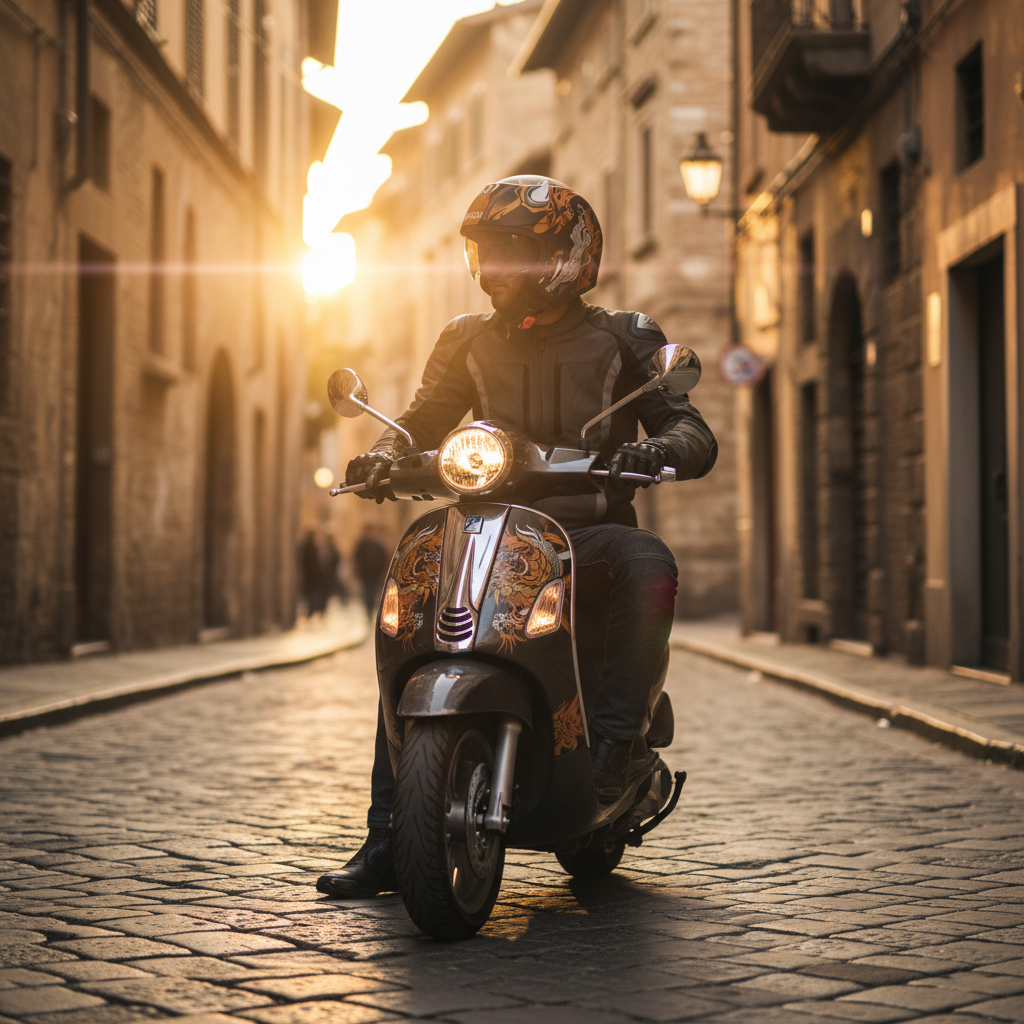 Scooterista in un vicolo al tramonto con casco Airoh J110 ONI nero e oro