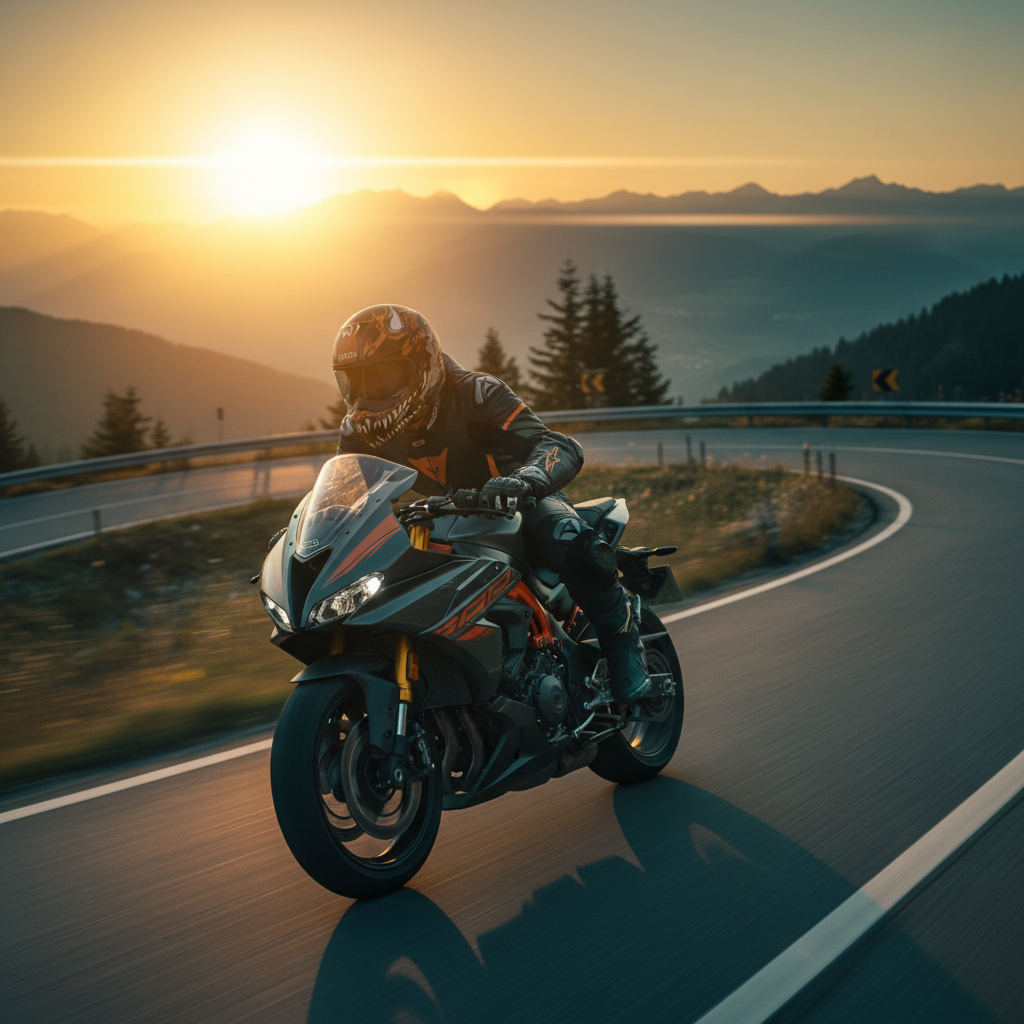 Pilota su sportiva in montagna al tramonto con casco Airoh J110 ONI nero
