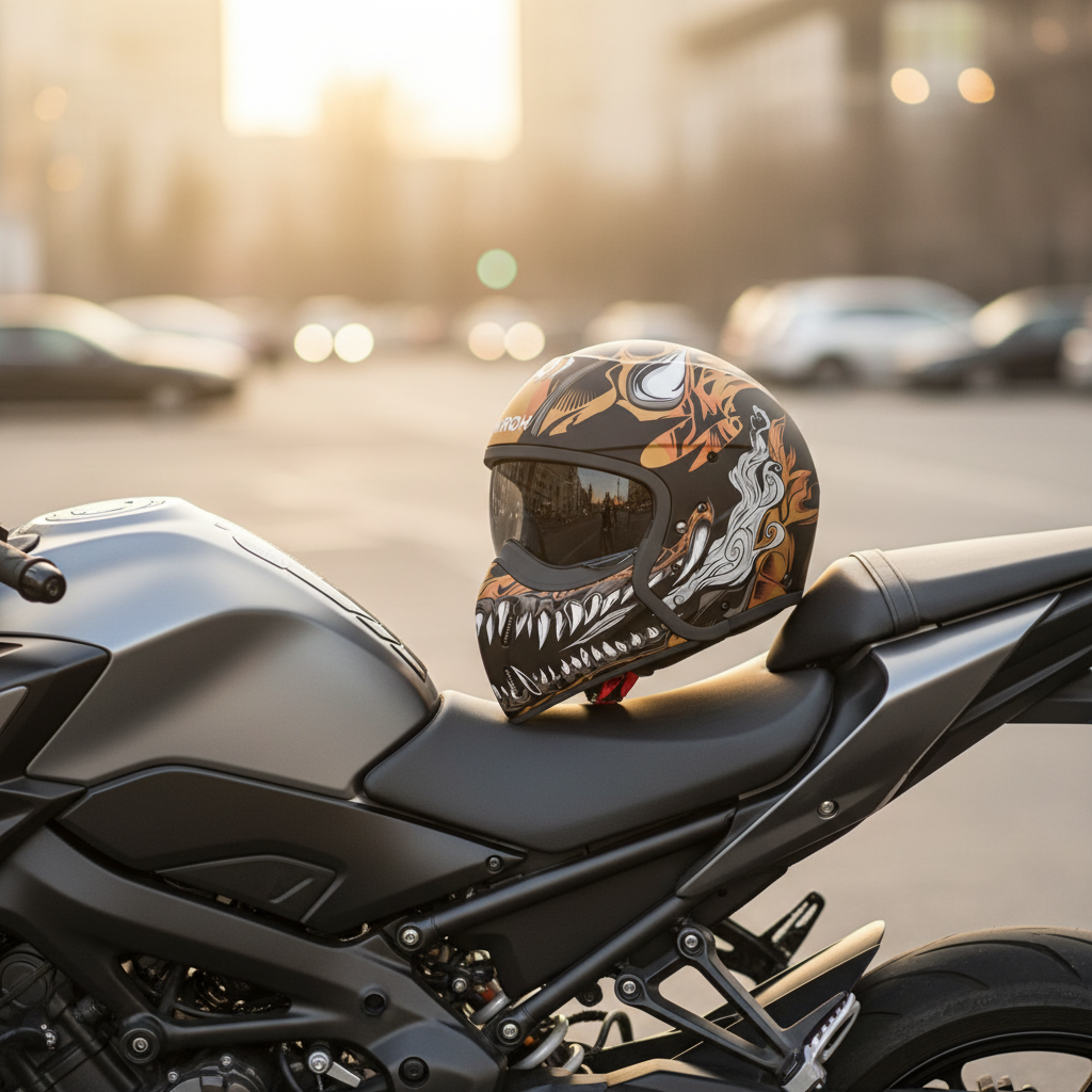 Casco Airoh J110 ONI appoggiato alla sella di una moto in strada urbana