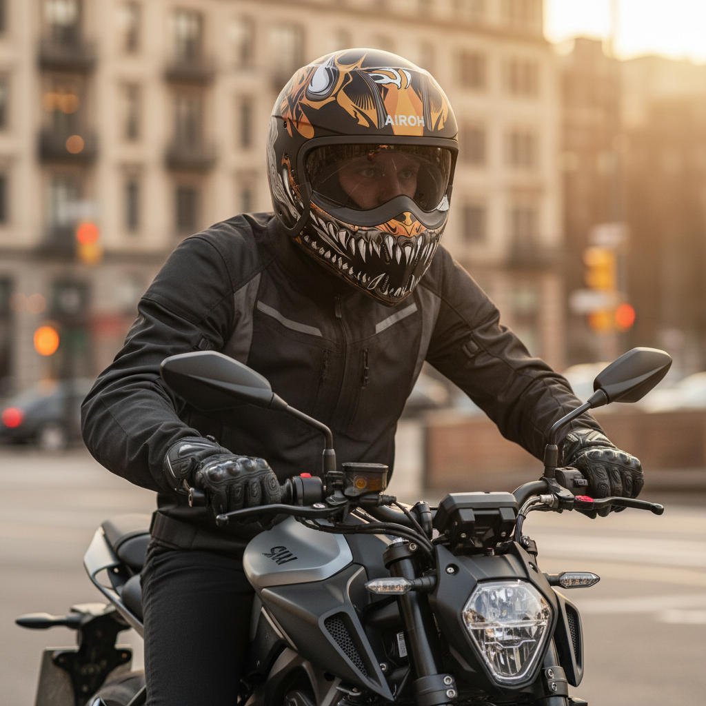 Motociclista in citta con casco jet Airoh J110 ONI nero e occhiali da moto