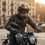 Motociclista in citta con casco jet Airoh J110 ONI nero e occhiali da moto