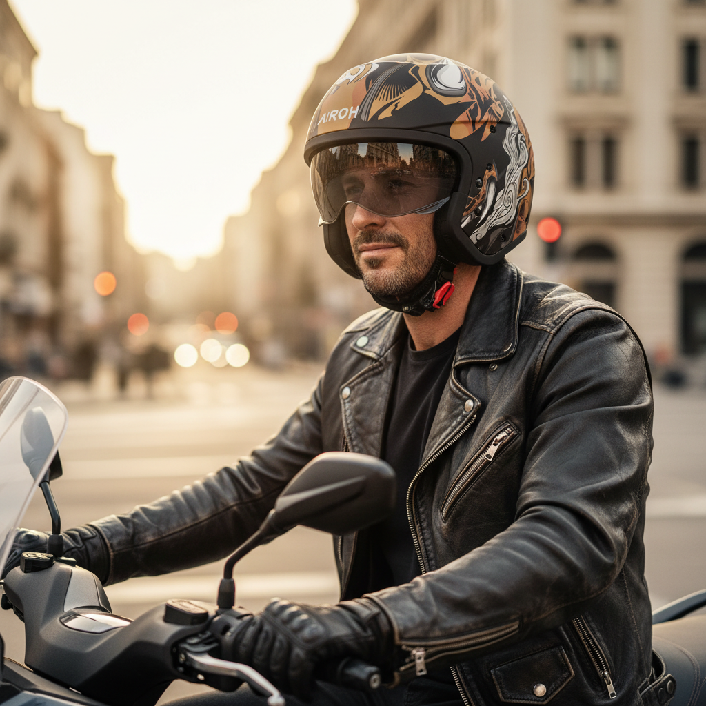 Uomo sorridente in sella con casco jet Airoh J110 ONI nero e bronzo