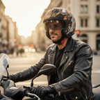 Uomo sorridente in sella con casco jet Airoh J110 ONI nero e bronzo