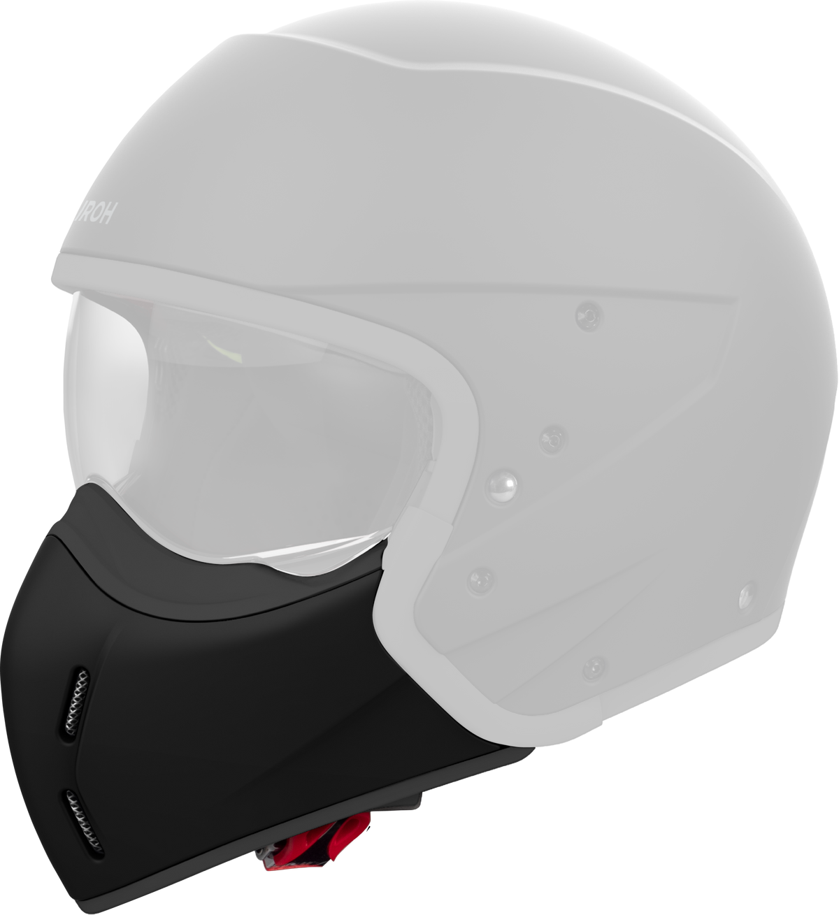 Mentoniera Nero Opaco originale Airoh J111M per casco J 110, mostrata su un casco in trasparenza, foto ufficiale del ricambio