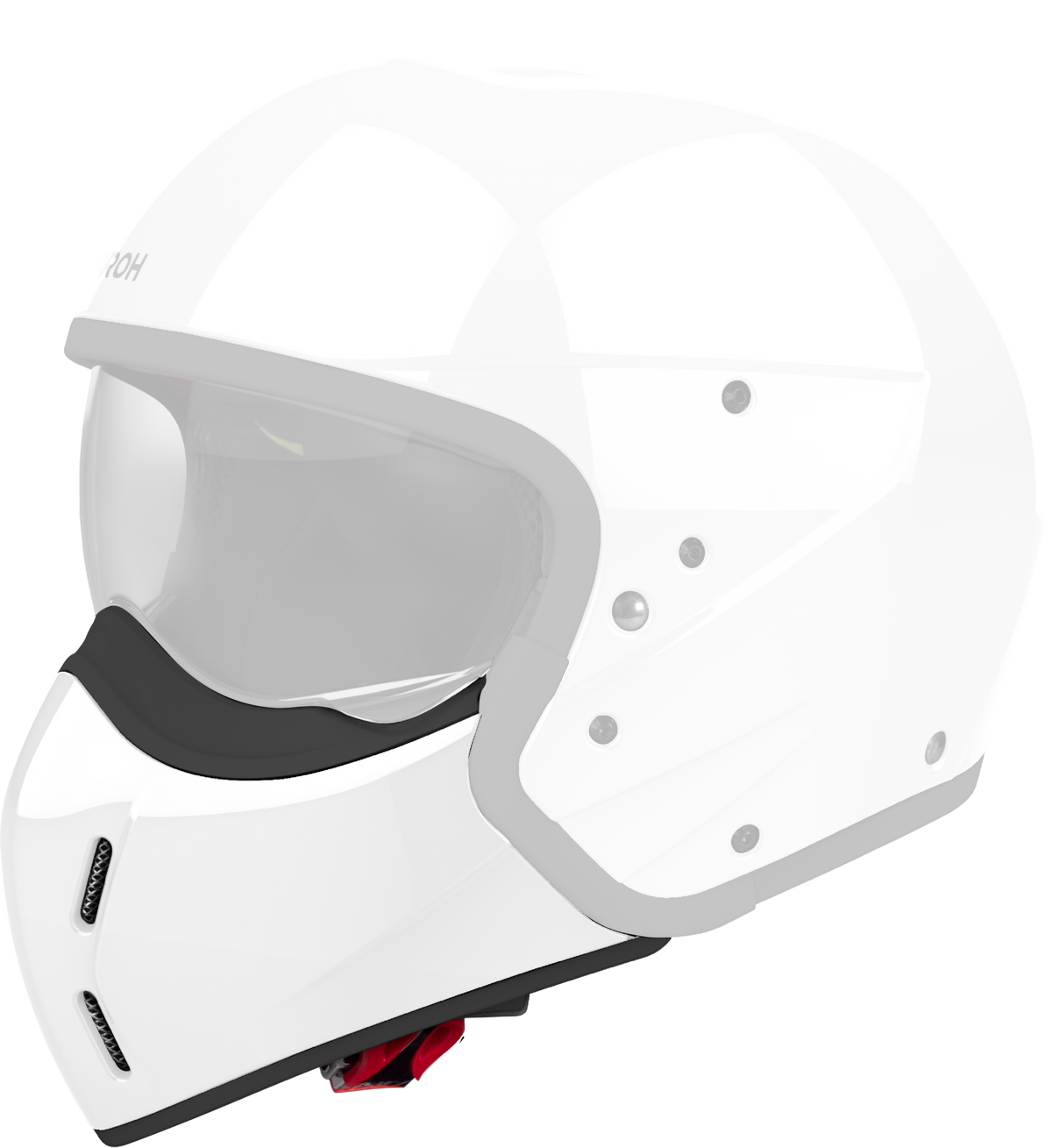 Mentoniera Bianco Lucido originale Airoh J114M per casco J 110, mostrata su un casco in trasparenza, foto ufficiale del ricambio