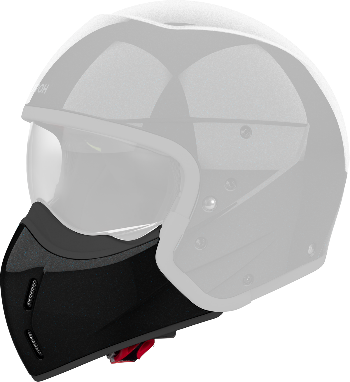 Mentoniera Nero Glitter originale Airoh J135M per casco J 110, mostrata su un casco in trasparenza, foto ufficiale del ricambio