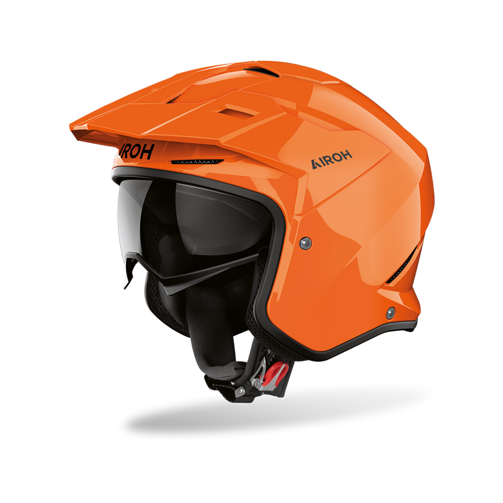 Airoh Kombakt arancio lucido, casco jet 2 in 1 con frontino e sun visor, vista laterale di tre quarti