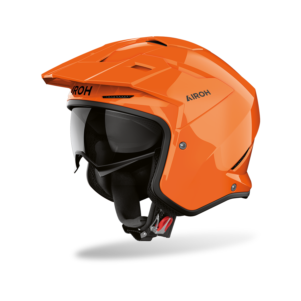 Airoh Kombakt arancio lucido, casco jet 2 in 1 con frontino e sun visor, vista laterale di tre quarti