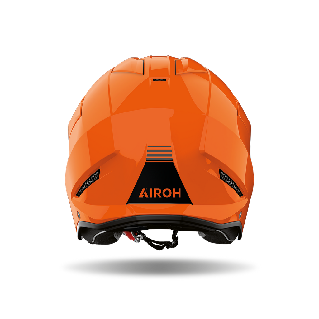 Airoh Kombakt arancio lucido visto da dietro, con logo Airoh sulla calotta