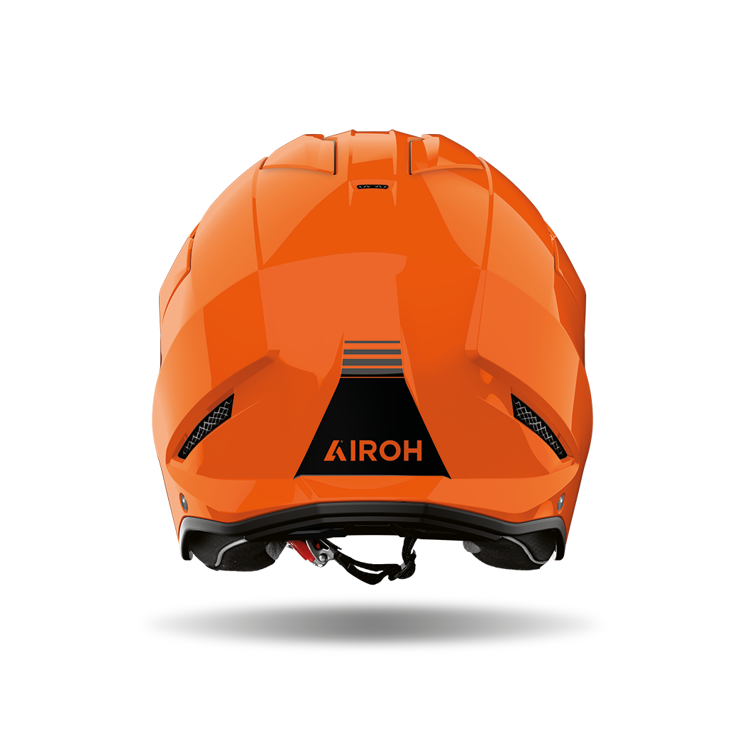 Airoh Kombakt arancio lucido visto da dietro, con logo Airoh sulla calotta