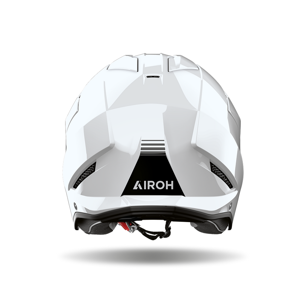 Airoh Kombakt bianco lucido visto da dietro, con logo Airoh sulla calotta