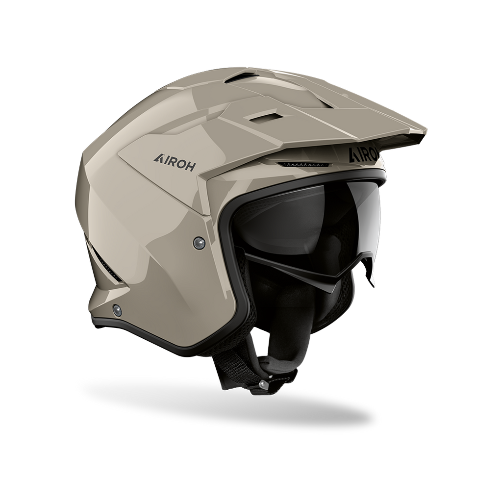 Airoh Kombakt cappuccino lucido, casco jet 2 in 1 con frontino e sun visor, vista laterale di tre quarti