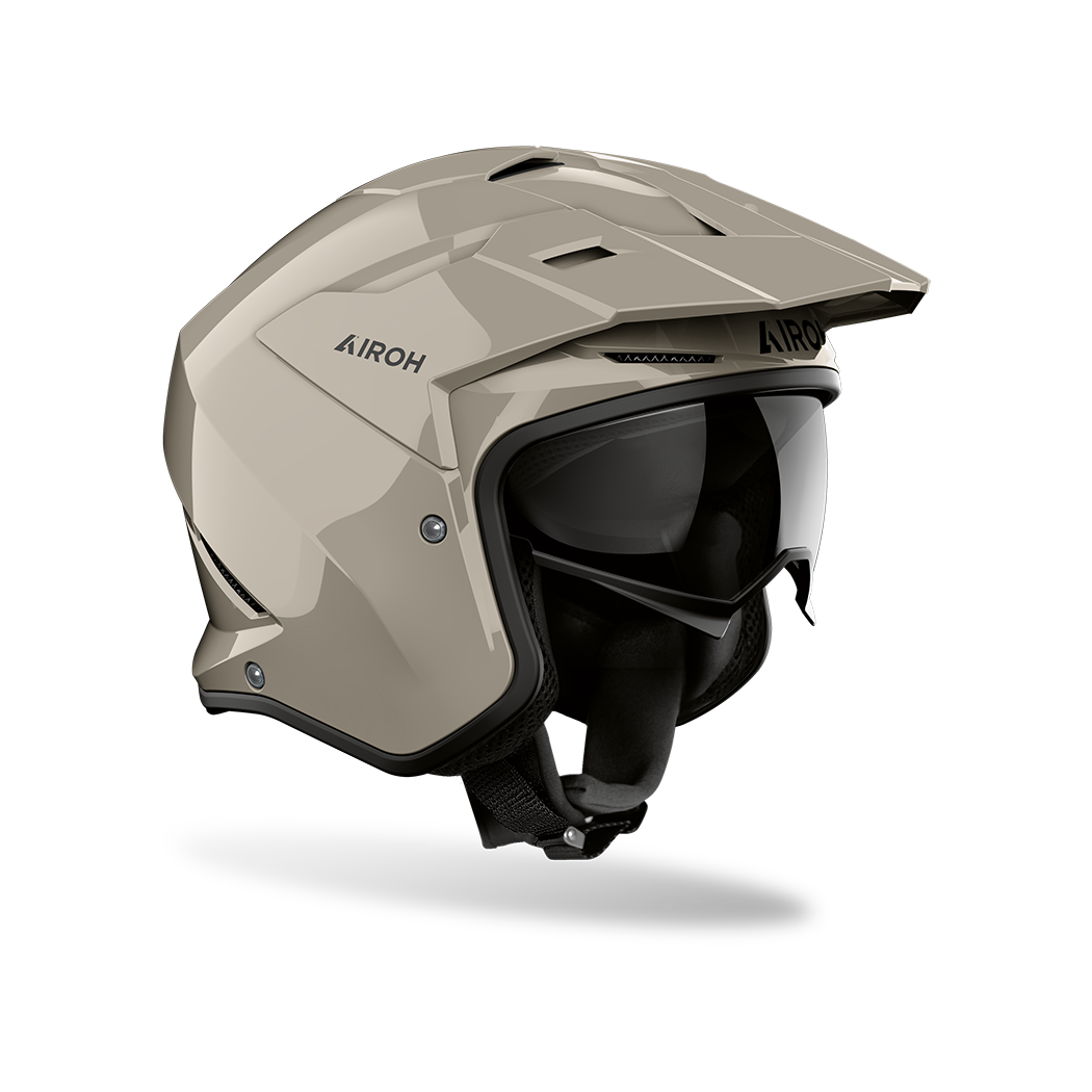 Airoh Kombakt cappuccino lucido, casco jet 2 in 1 con frontino e sun visor, vista laterale di tre quarti