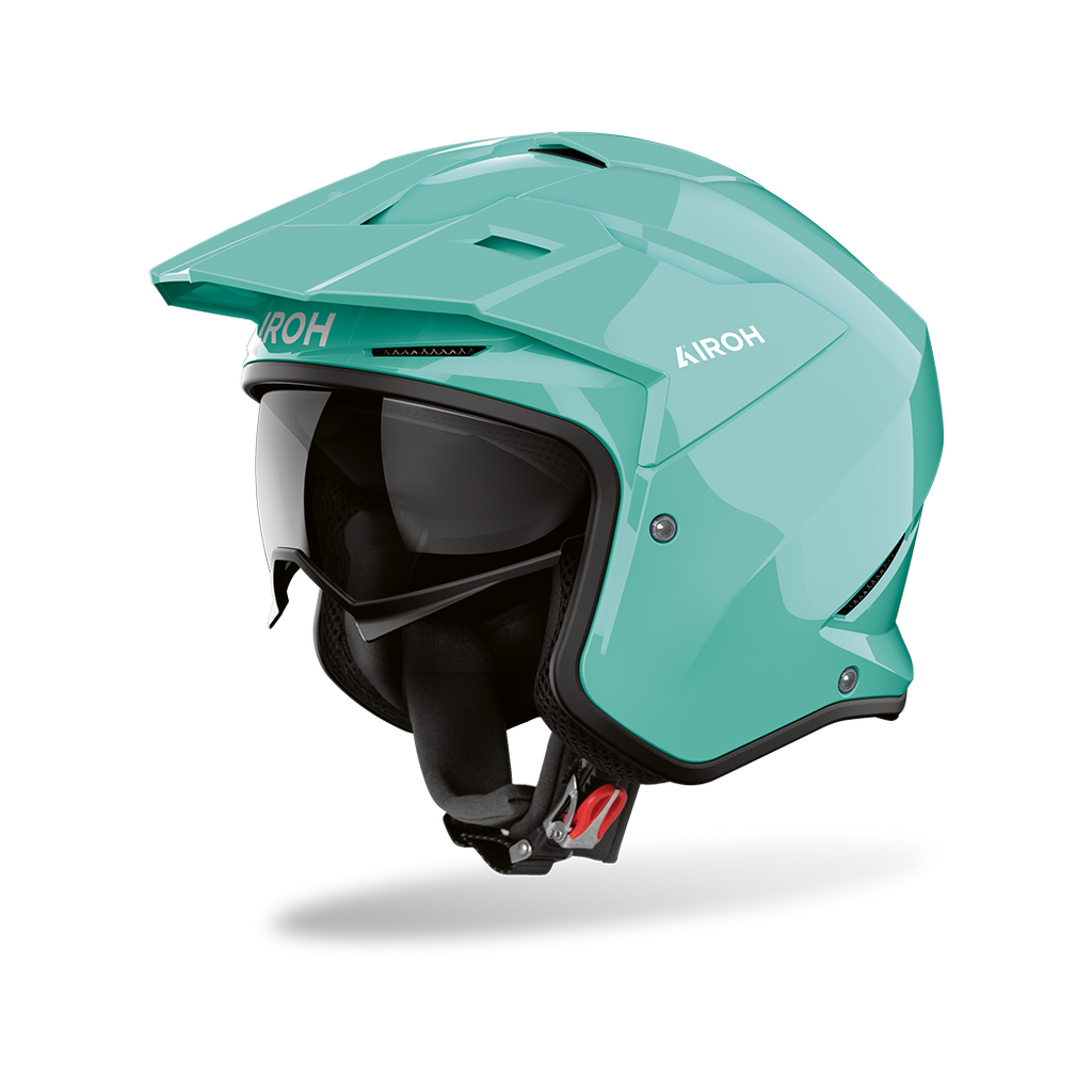 Airoh Kombakt verde acqua lucido, casco jet 2 in 1 con frontino e sun visor, vista laterale di tre quarti