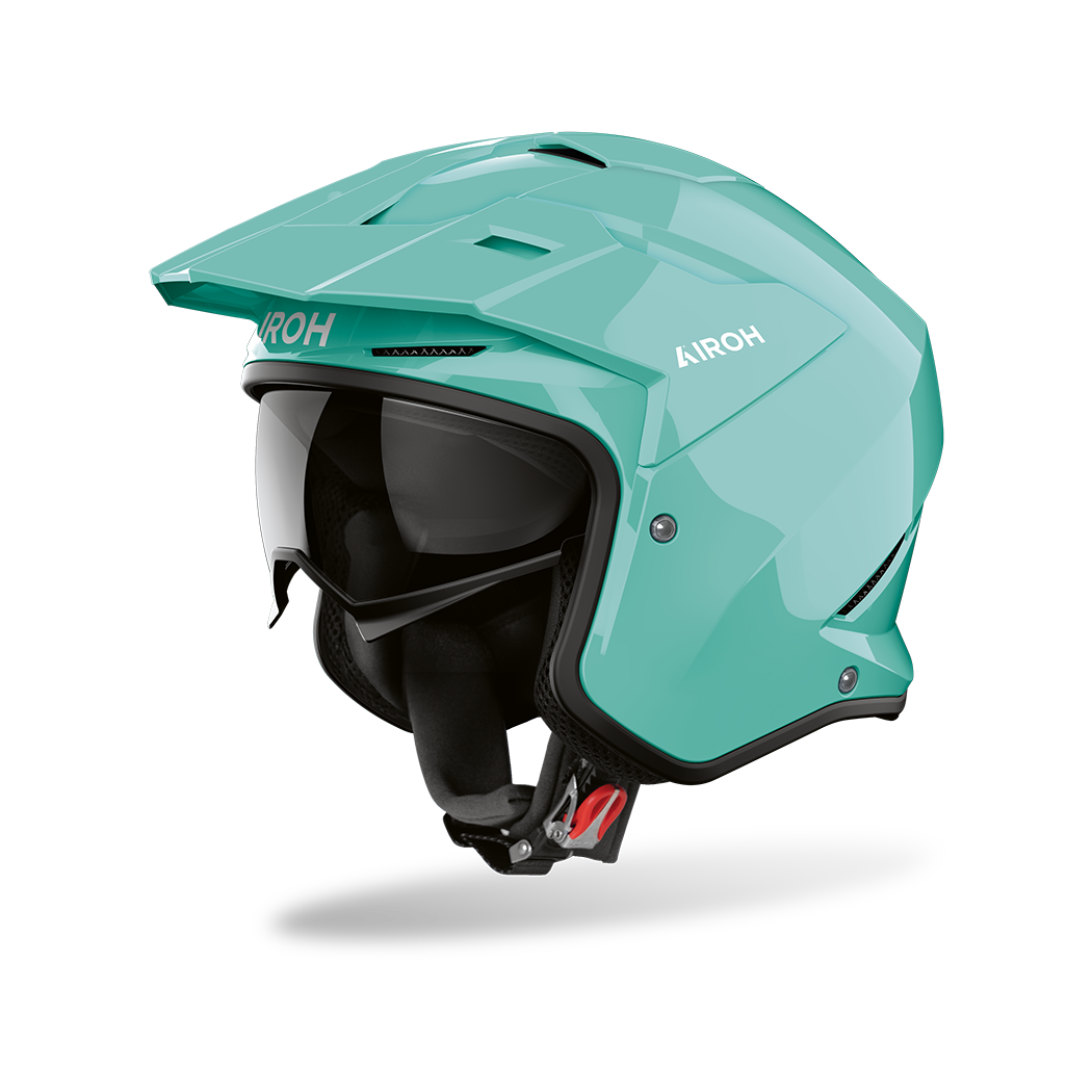 Airoh Kombakt verde acqua lucido, casco jet 2 in 1 con frontino e sun visor, vista laterale di tre quarti