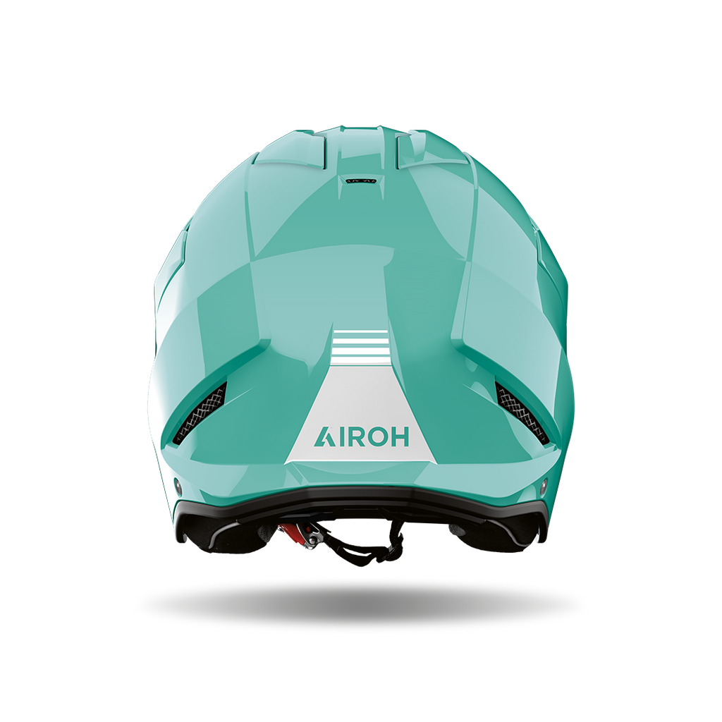 Airoh Kombakt verde acqua lucido visto da dietro, con logo Airoh sulla calotta