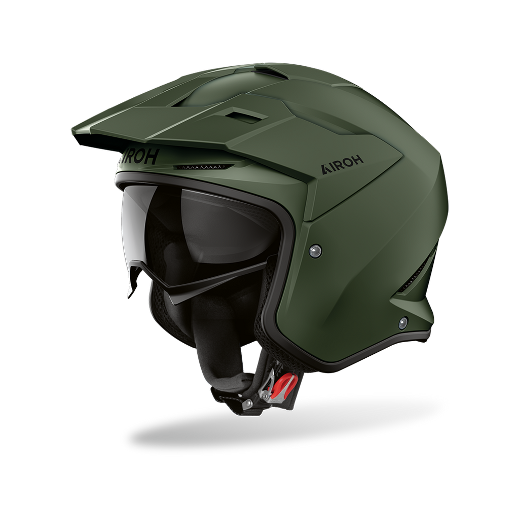Airoh Kombakt verde militare opaco, casco jet 2 in 1 con frontino e sun visor, vista laterale di tre quarti