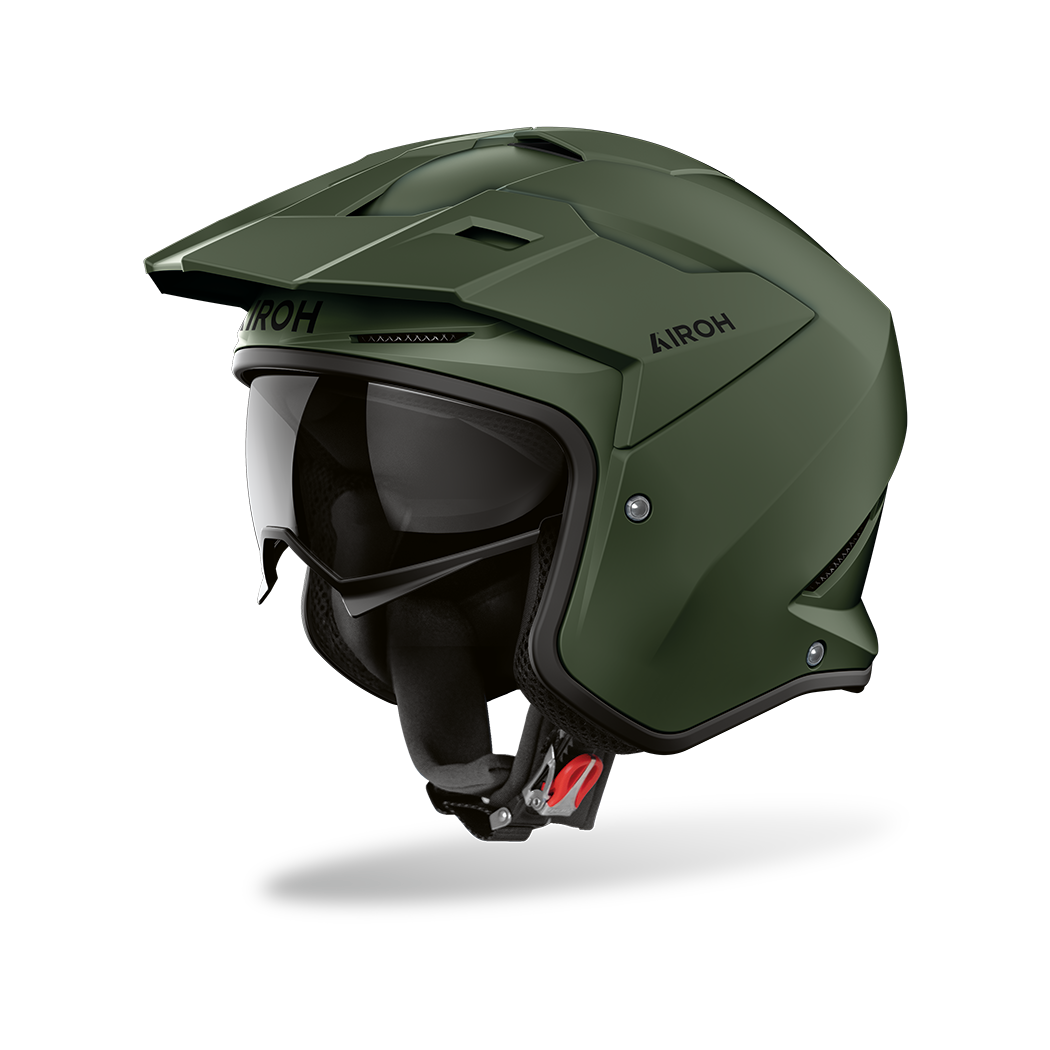 Airoh Kombakt verde militare opaco, casco jet 2 in 1 con frontino e sun visor, vista laterale di tre quarti