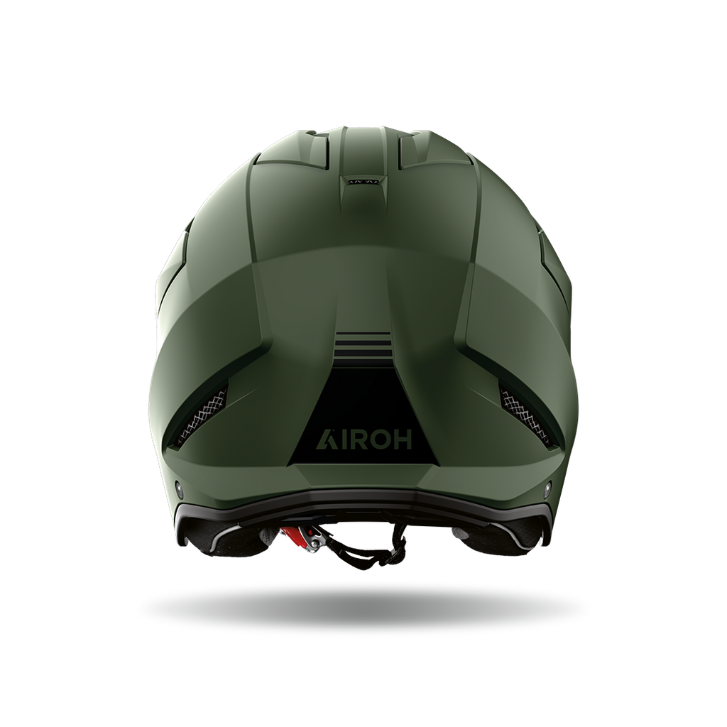 Airoh Kombakt verde militare opaco visto da dietro, con logo Airoh sulla calotta