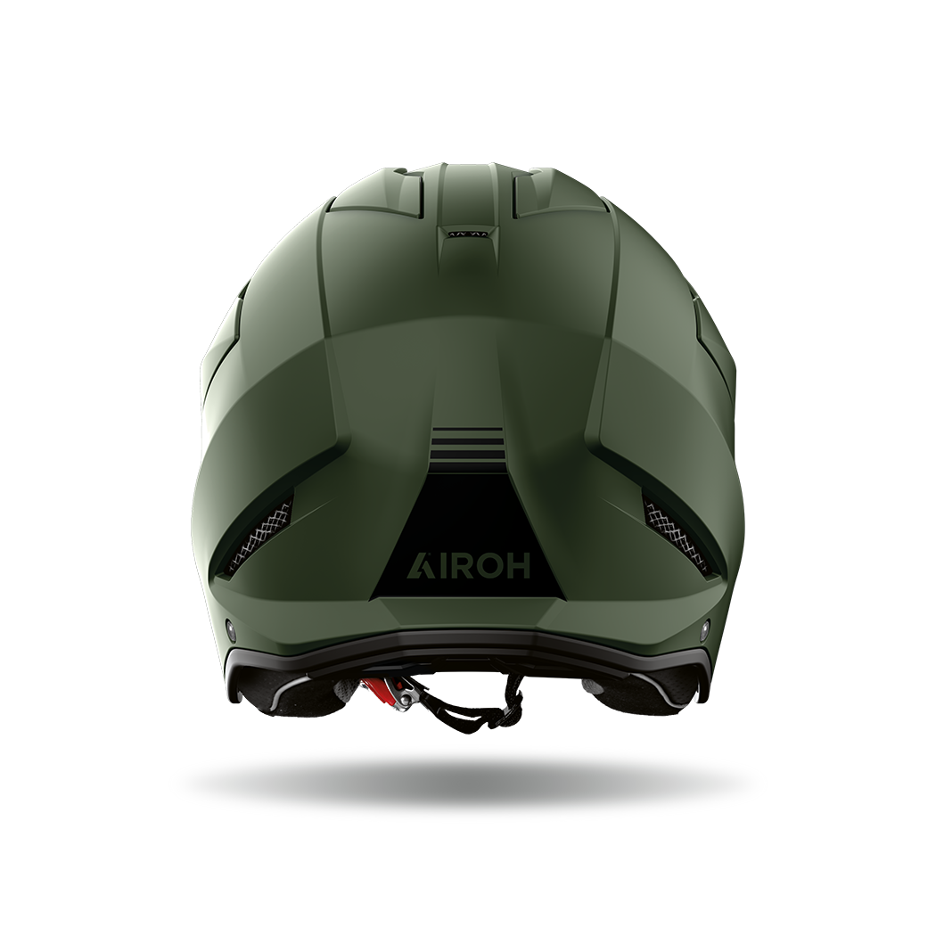 Airoh Kombakt verde militare opaco visto da dietro, con logo Airoh sulla calotta