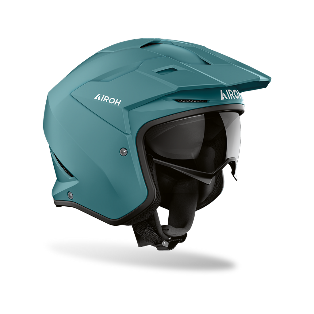 Airoh Kombakt verde petrolio opaco, casco jet 2 in 1 con frontino e sun visor, vista laterale di tre quarti
