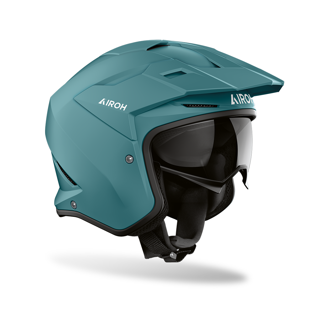 Airoh Kombakt verde petrolio opaco, casco jet 2 in 1 con frontino e sun visor, vista laterale di tre quarti