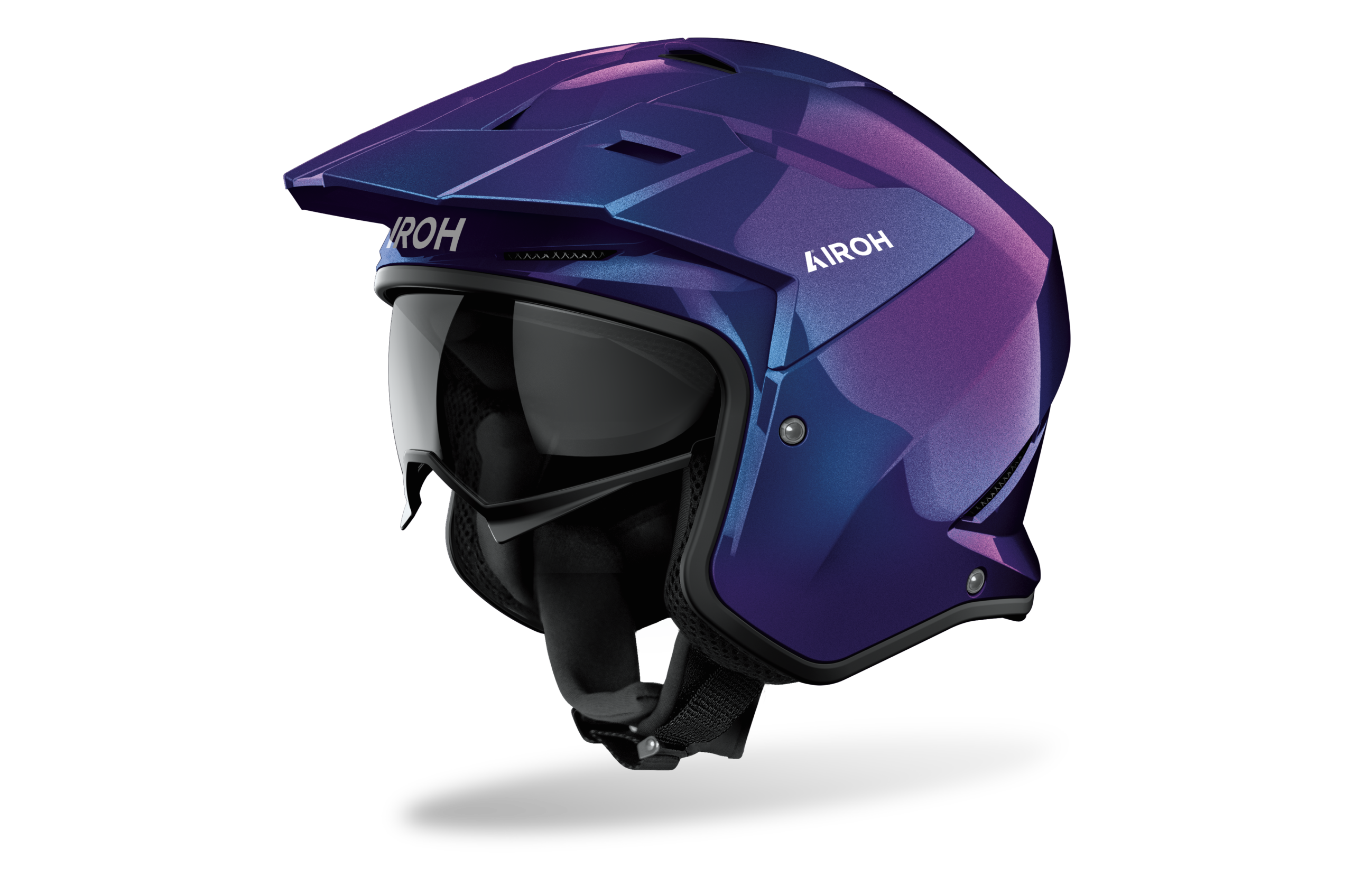 Casco jet Airoh Kombakt Shimmer blu viola, vista tre quarti anteriore sinistra