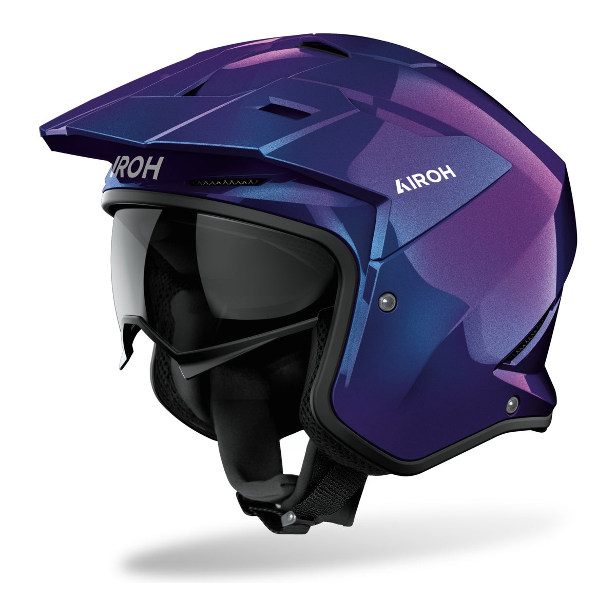 Casco jet Airoh Kombakt Shimmer blu viola, vista tre quarti anteriore sinistra