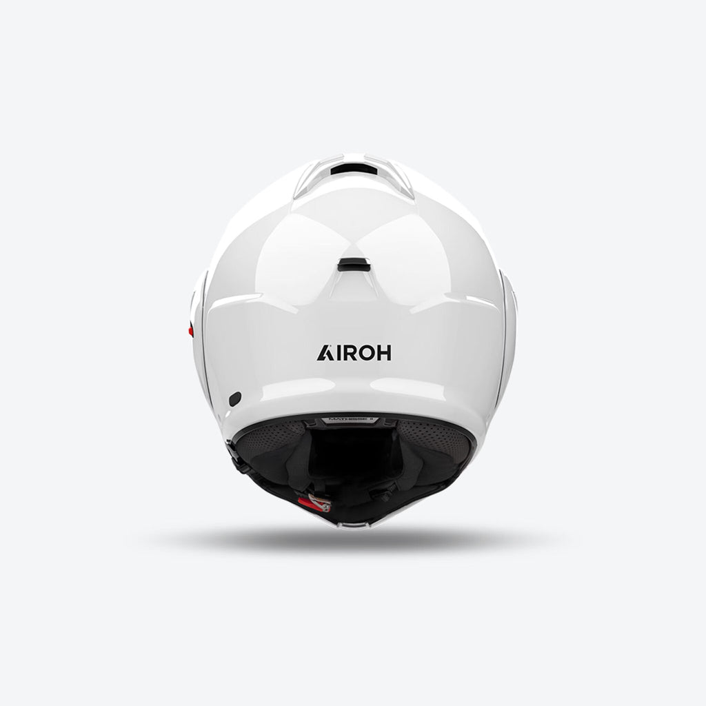 Retro del casco modulare Airoh Mathisse II bianco lucido con logo Airoh scuro