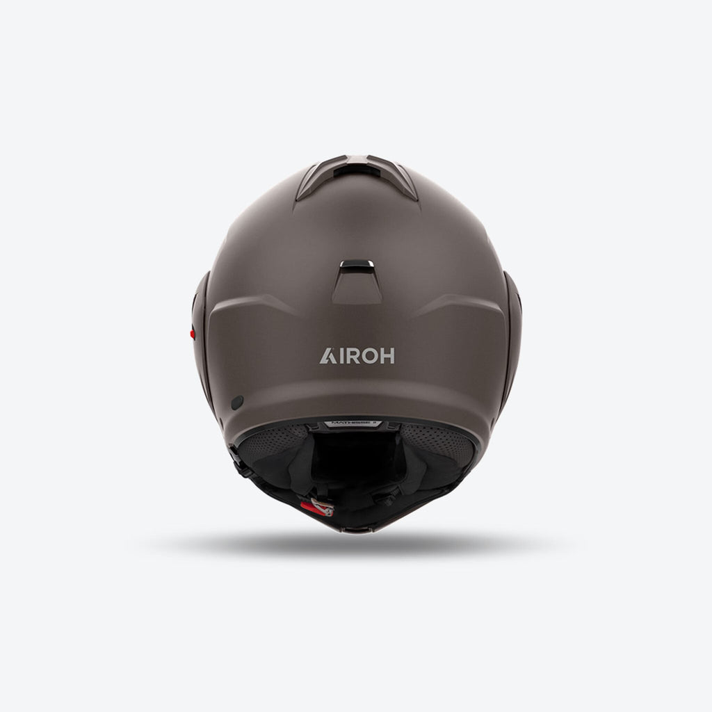 Retro del casco modulare Airoh Mathisse II bronzo opaco con logo Airoh chiaro
