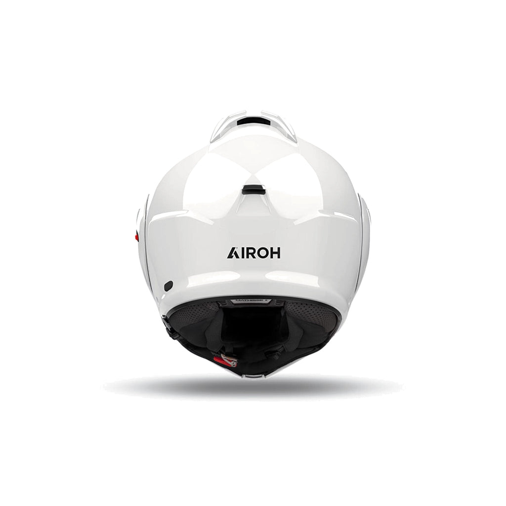 Retro del casco modulare Airoh Mathisse II bianco lucido con logo Airoh scuro