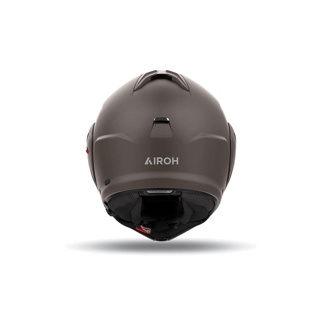 Retro del casco modulare Airoh Mathisse II bronzo opaco con logo Airoh chiaro