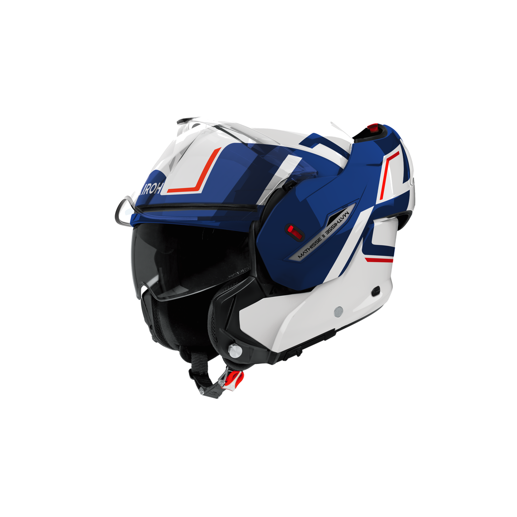 Airoh Mathisse II Genius Bianco/Blu/Rosso Lucido MTH2G55, casco modulare, vista frontale di tre quarti