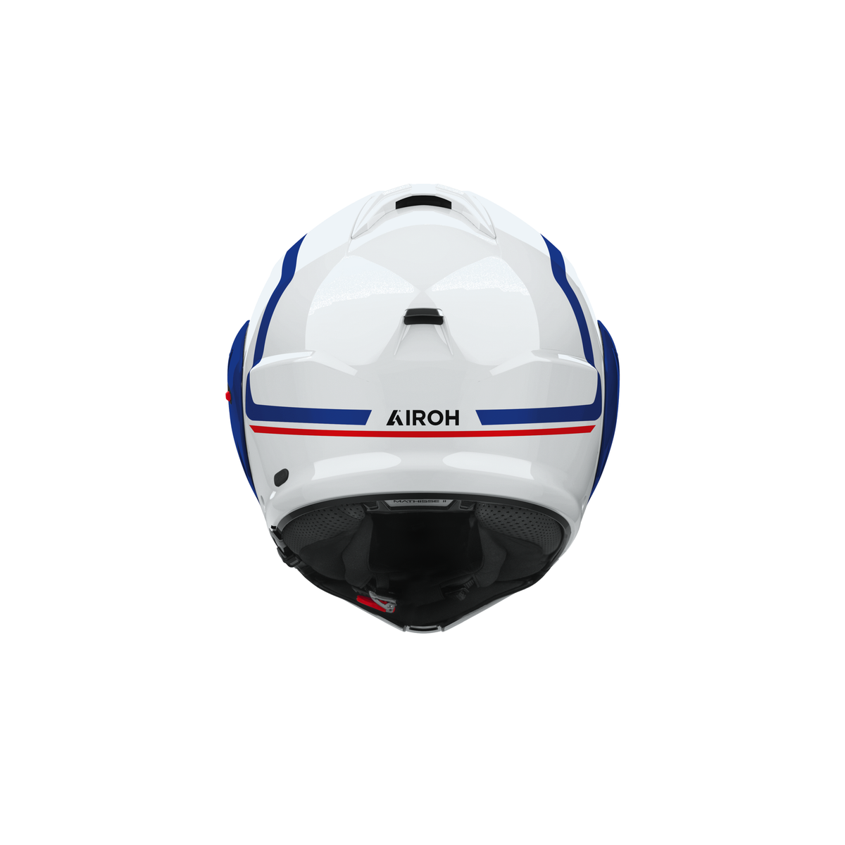 Airoh Mathisse II Genius Bianco/Blu/Rosso Lucido MTH2G55, casco modulare, visto da dietro