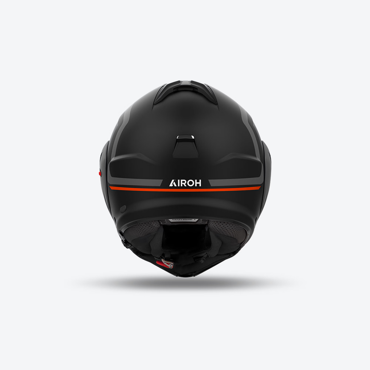 Airoh Mathisse II Genius Nero/Grigio/Arancio Opaco visto da dietro, con logo Airoh e filetto arancio