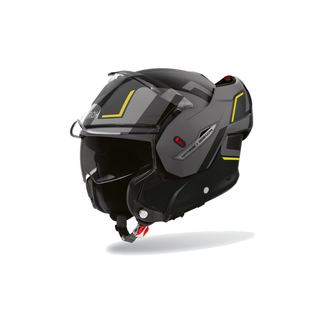 Airoh Mathisse II Genius Nero/Grigio/Giallo Opaco MTH2G31, casco modulare, vista di tre quarti dal lato destro