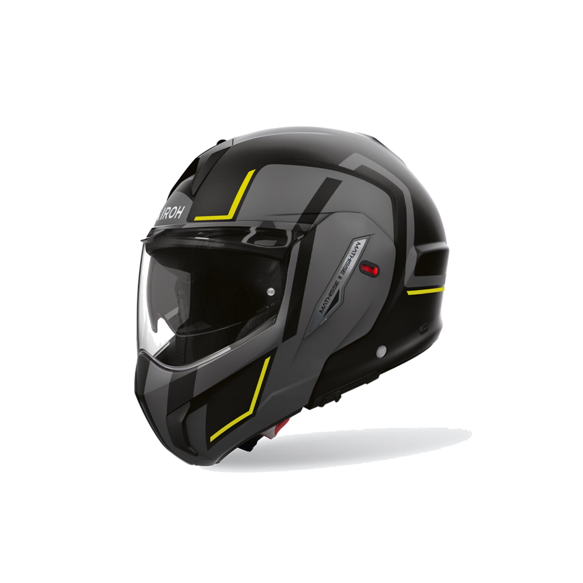Airoh Mathisse II Genius Nero/Grigio/Giallo Opaco MTH2G31, casco modulare, vista di tre quarti dal lato sinistro