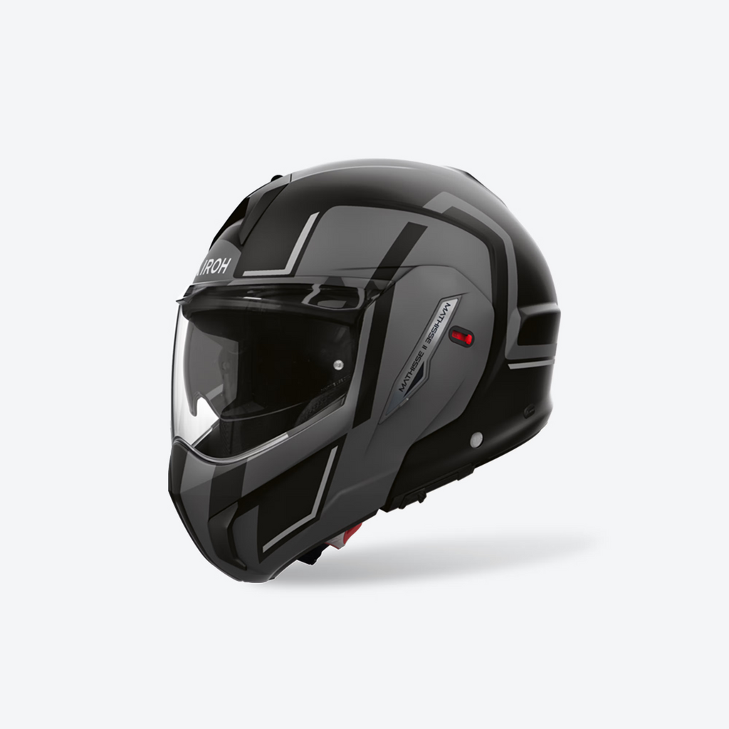 Airoh Mathisse II Genius Nero/Grigio Opaco (MTH2G35), casco modulare chiuso visto di tre quarti, grafica nera opaca con fasce grigie