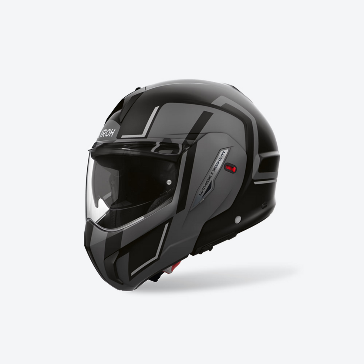 Airoh Mathisse II Genius Nero/Grigio Opaco (MTH2G35), casco modulare chiuso visto di tre quarti, grafica nera opaca con fasce grigie