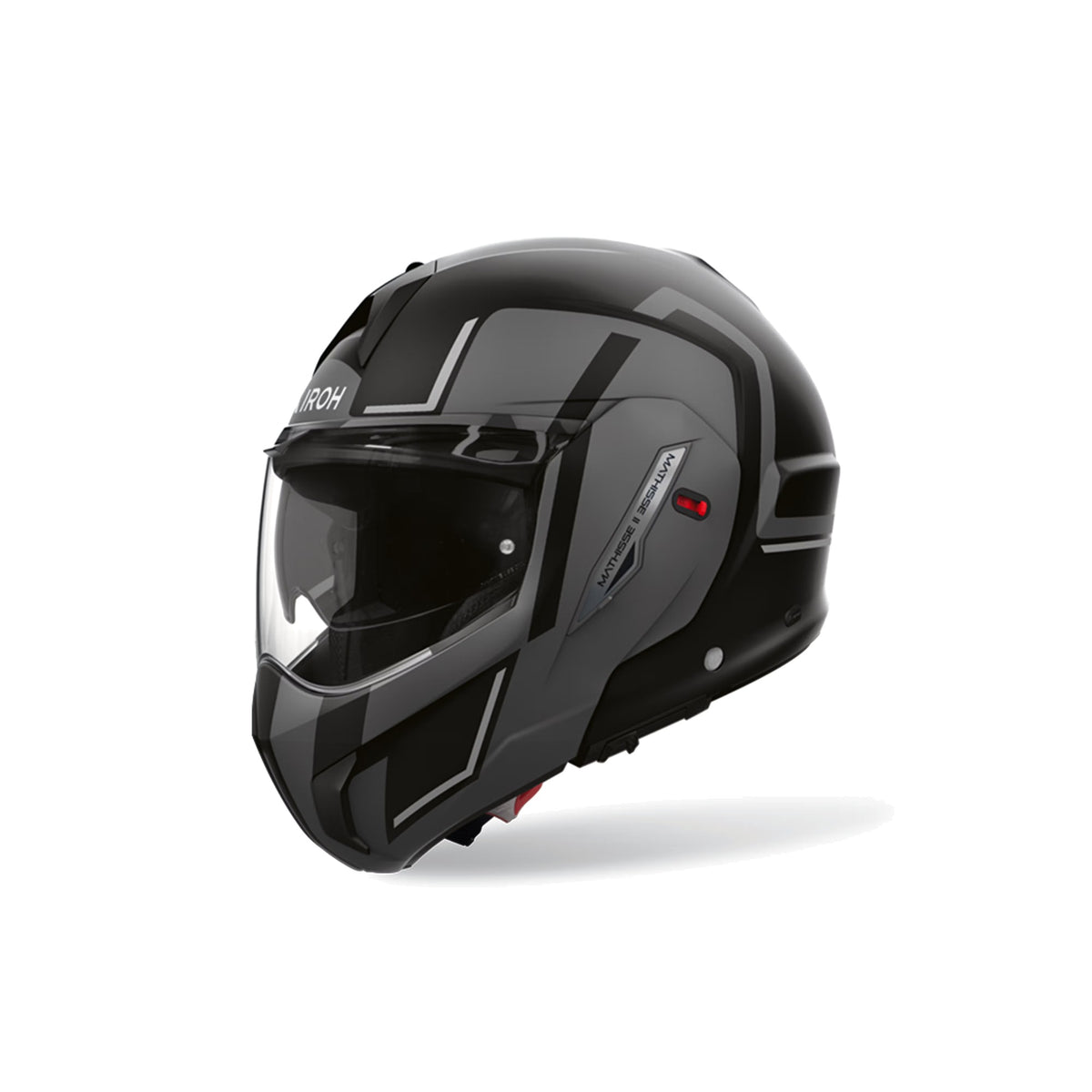 Airoh Mathisse II Genius Nero/Grigio Opaco (MTH2G35), casco modulare chiuso visto di tre quarti, grafica nera opaca con fasce grigie