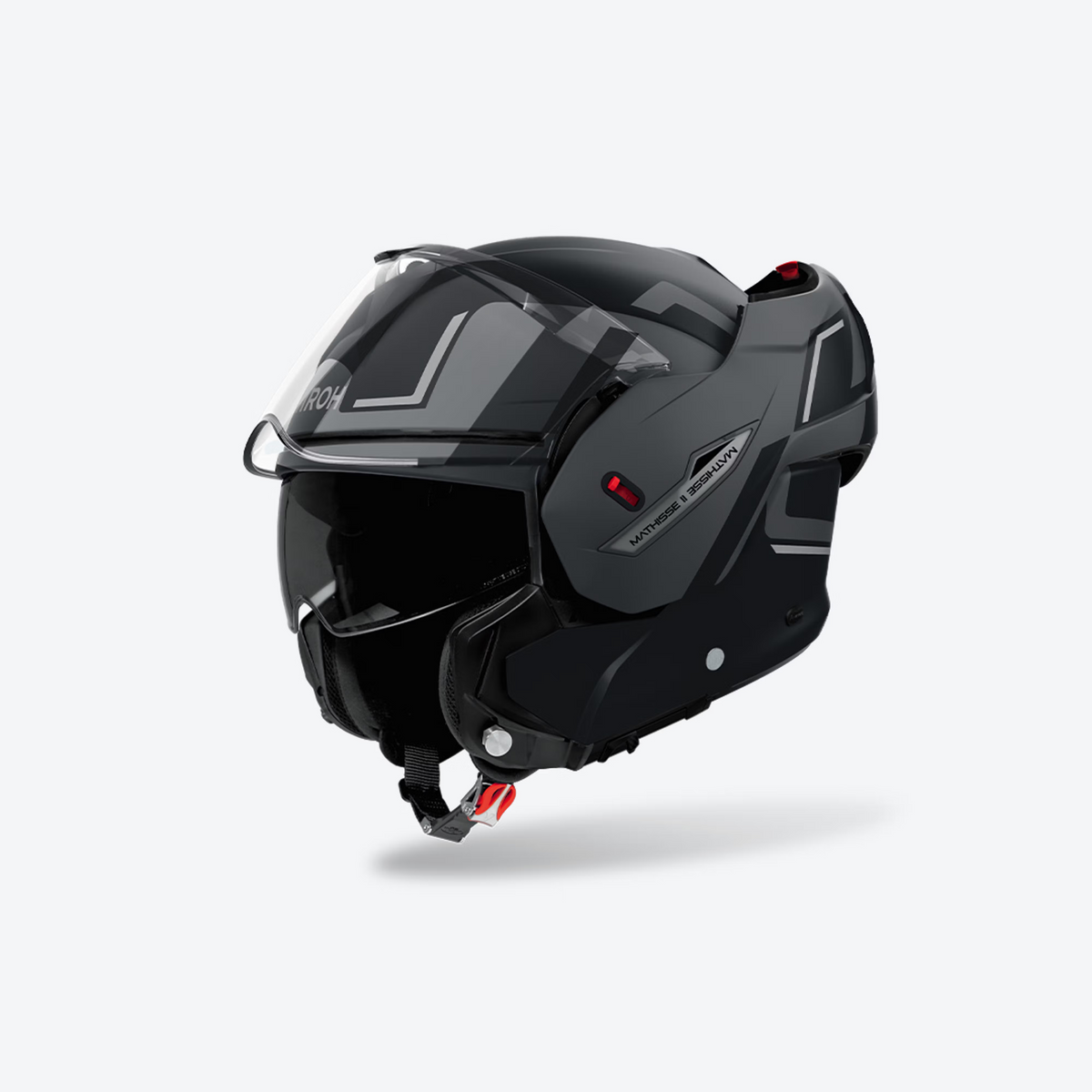 Airoh Mathisse II Genius Nero/Grigio Opaco con la mentoniera aperta in configurazione jet
