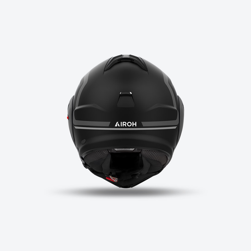 Airoh Mathisse II Genius Nero/Grigio Opaco visto da dietro, con logo Airoh e fascia grigia