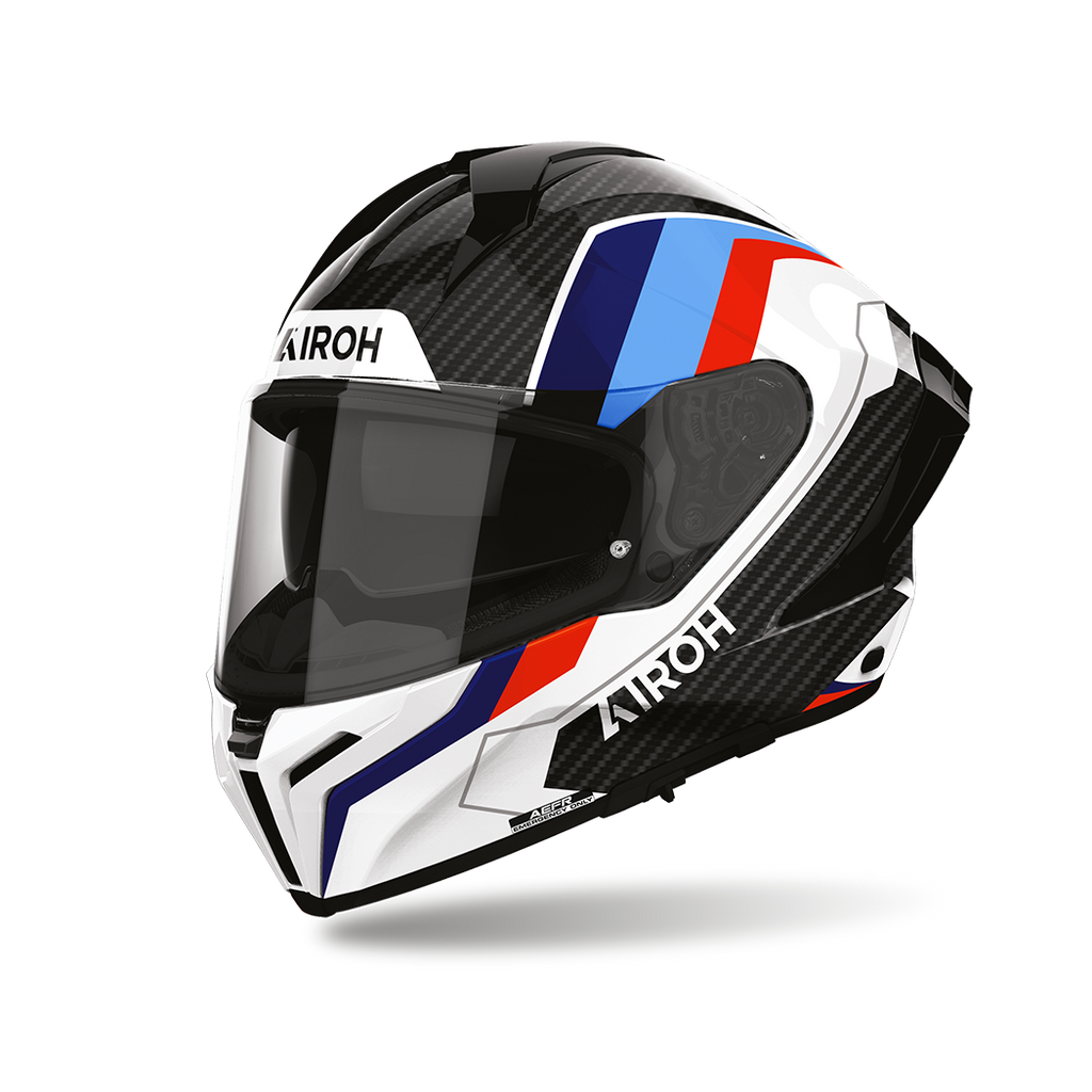 Airoh Matryx Carbon Rank Carbonio Lucido (MXCR99), casco integrale visto di tre quarti dal lato sinistro, grafica in carbonio a vista con fasce bianche, blu, azzurre e rosse, lucida