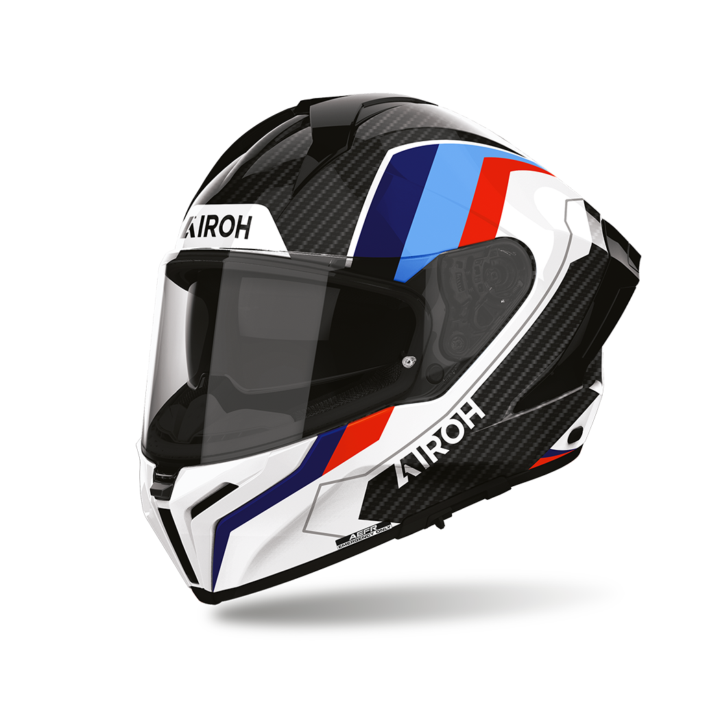 Airoh Matryx Carbon Rank Carbonio Lucido (MXCR99), casco integrale visto di tre quarti dal lato sinistro, grafica in carbonio a vista con fasce bianche, blu, azzurre e rosse, lucida
