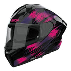 Airoh Matryx Reflex Viola Lucido (MXRE54), casco integrale visto di tre quarti dal lato sinistro, grafica nera con pennellate viola e fucsia, lucida