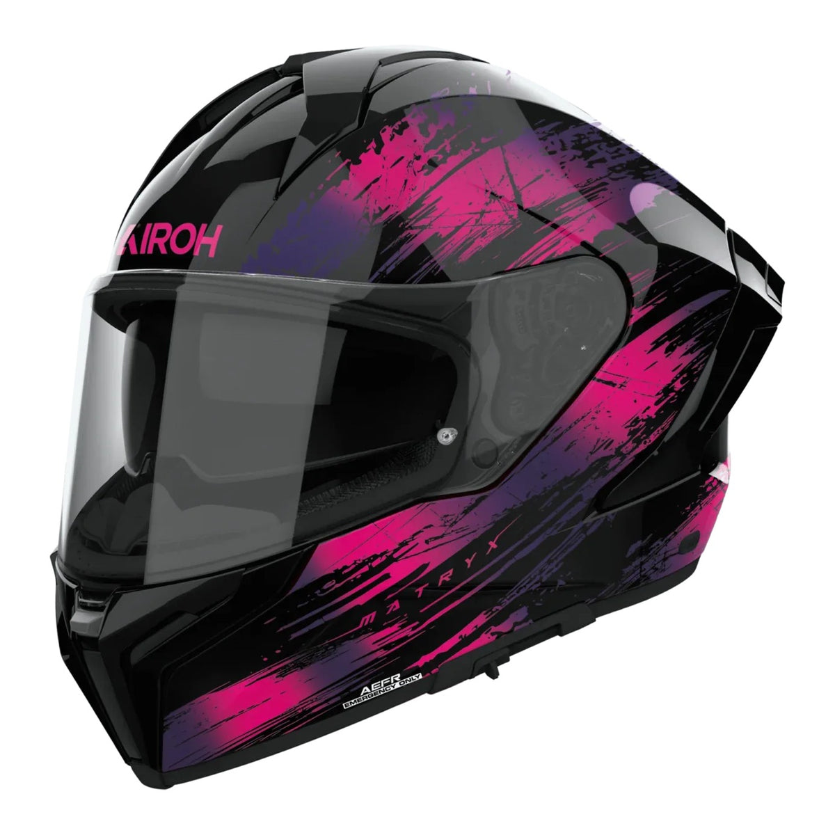 Airoh Matryx Reflex Viola Lucido (MXRE54), casco integrale visto di tre quarti dal lato sinistro, grafica nera con pennellate viola e fucsia, lucida
