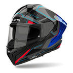 Airoh Matryx Rocket Blu/Rosso Lucido (MXRK18), casco integrale visto di tre quarti dal lato sinistro, grafica nera e grigia con inserti blu e rossi, lucida