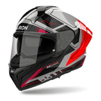 Airoh Matryx Rocket Rosso Fluo Lucido (MXRK55), casco integrale visto di tre quarti dal lato sinistro, grafica nera e grigia con inserti rosso fluo, lucida